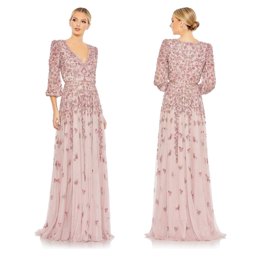 Mac Duggal Embellished V Neck 3/4 Sleeve A Line Gown, $798 Size 8